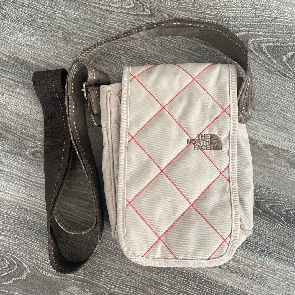 North Face Bag Crossbody Logo Embroidery Cream Brown Red Authentic Hiking Casual